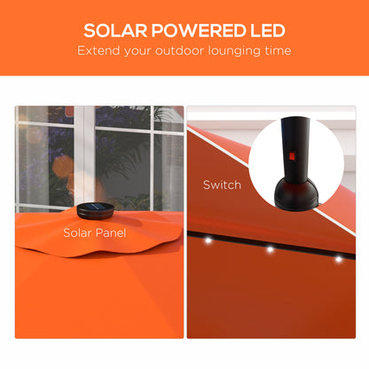 Solar Patio Umbrella with LED and Tilt, Outdoor Market Table Umbrella Parasol with Crank, 3 x 3 (m), Orange