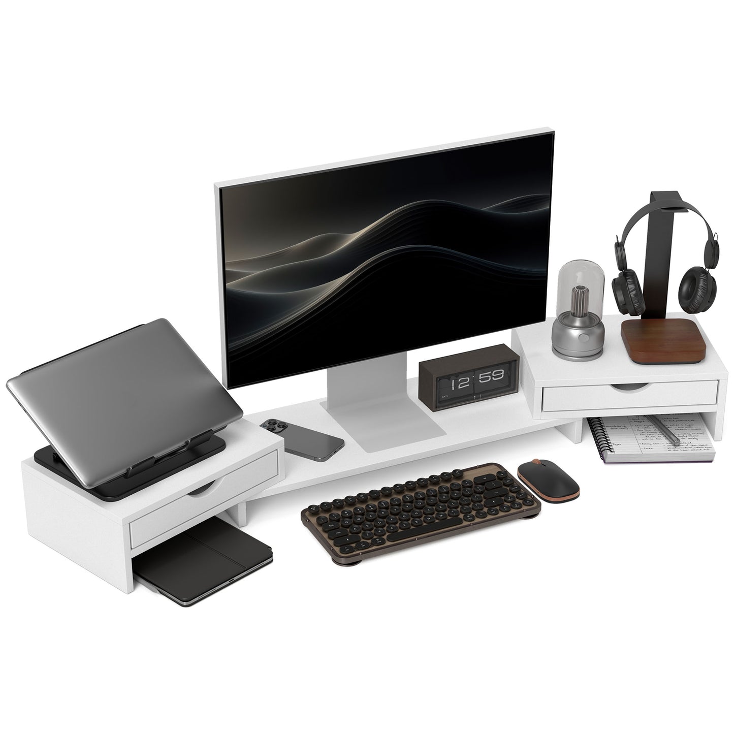 Dual Monitor Stand Riser with 2 Drawers, Adjustable Length and Angle, 116cm Monitor Riser for Laptop, Computer, PC