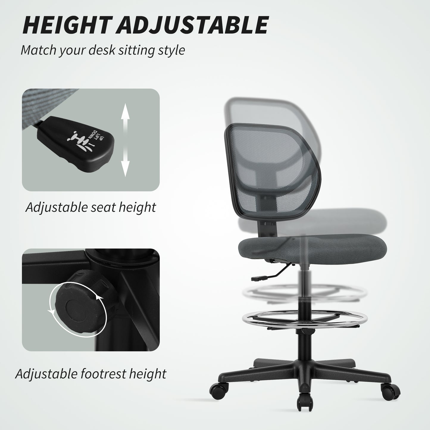 Ergonomic Mesh Standing Desk Chair with Adjustable Footrest Ring and Seat Height Charcoal Grey