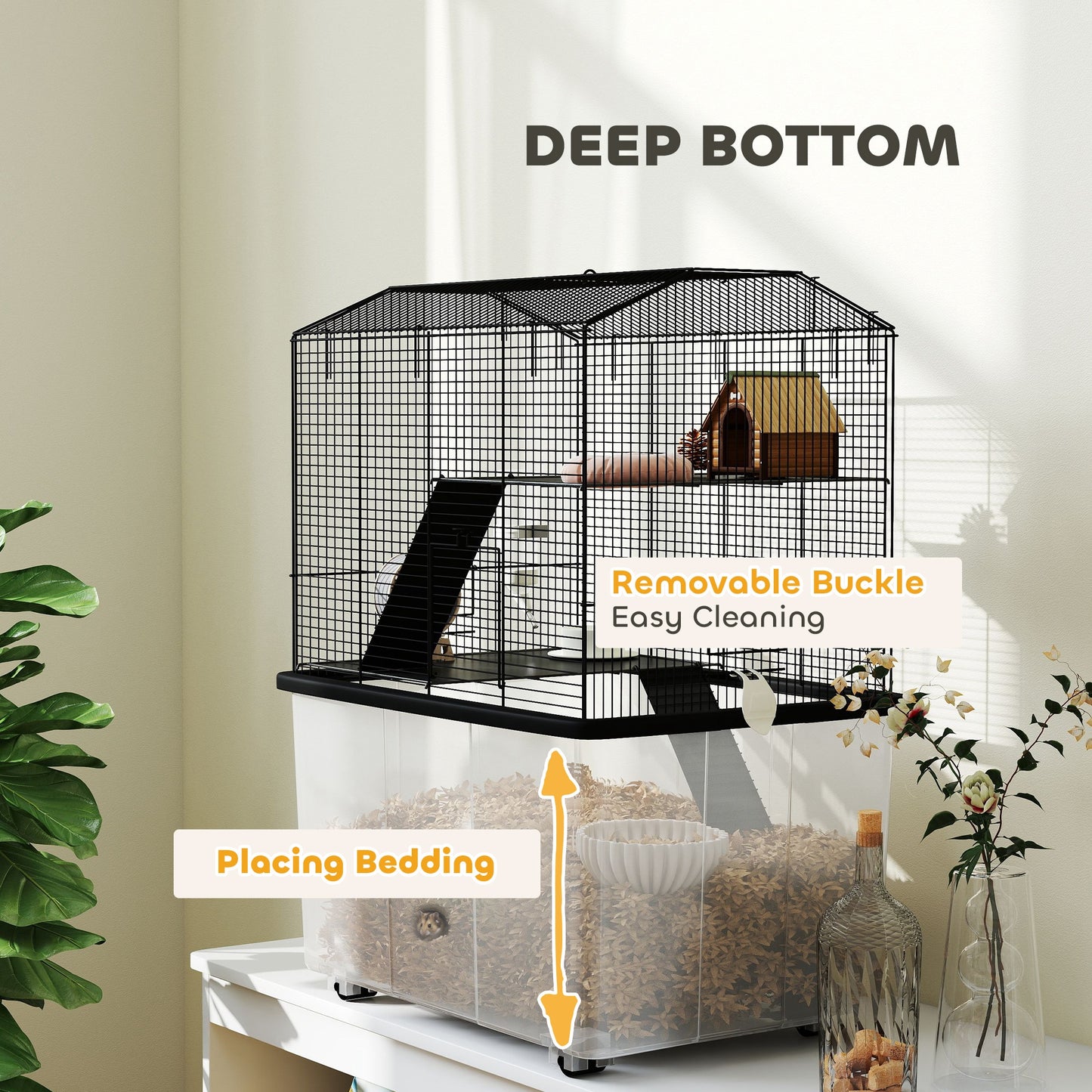 Three-Tier Gerbil Cage, Hamster Cage for Dwarf Hamster, Syrian Hamster w/ Wheels, Deep Bottom, Food Dish, Water Bottle