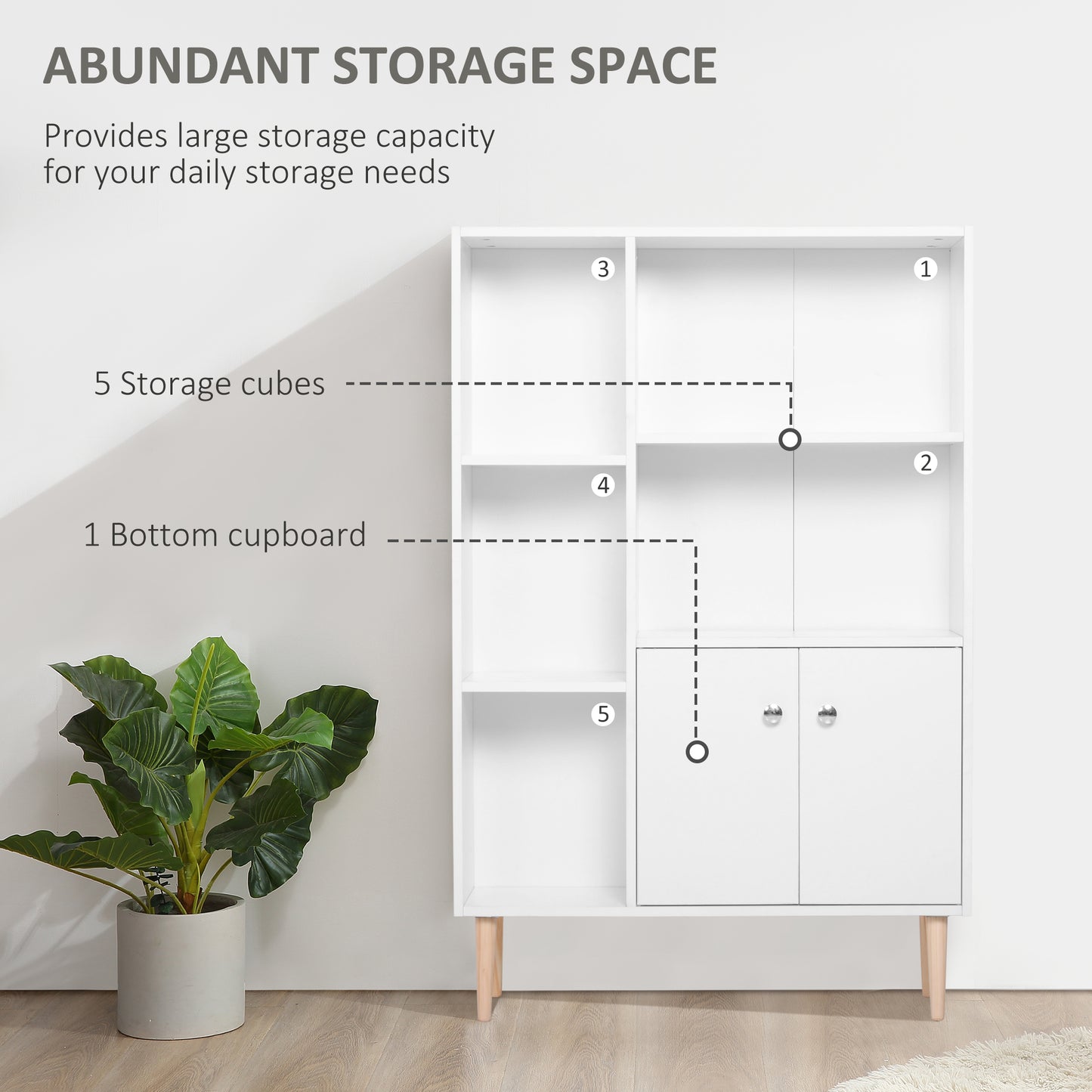Sideboard Storage Cabinet Cupboard, Open Bookcase with 2 Doors 5 Compartments Wooden Modern Style for Living Room Bedroom Kit