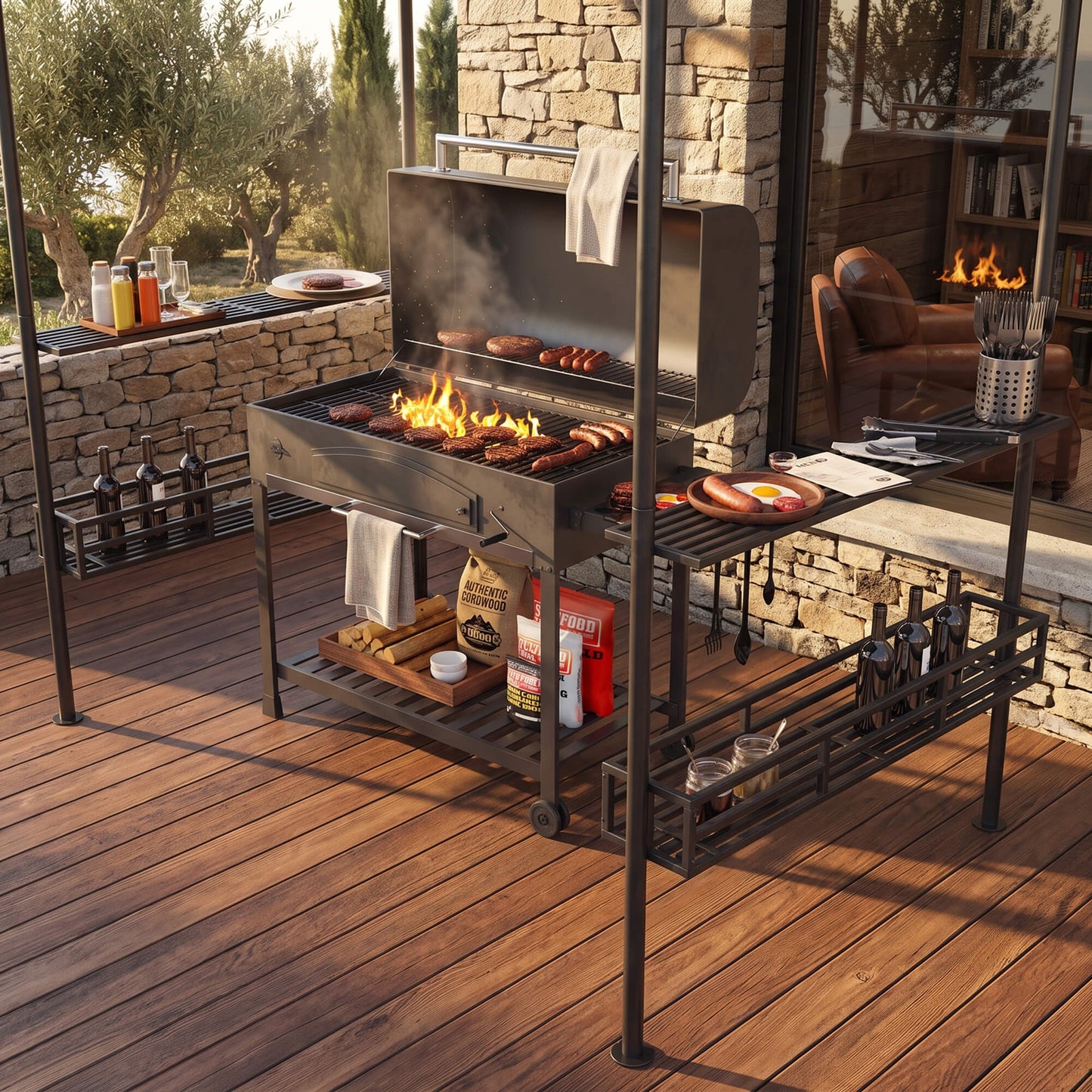 150 x 240cm BBQ Grill Gazebo, with Shelves - Grey