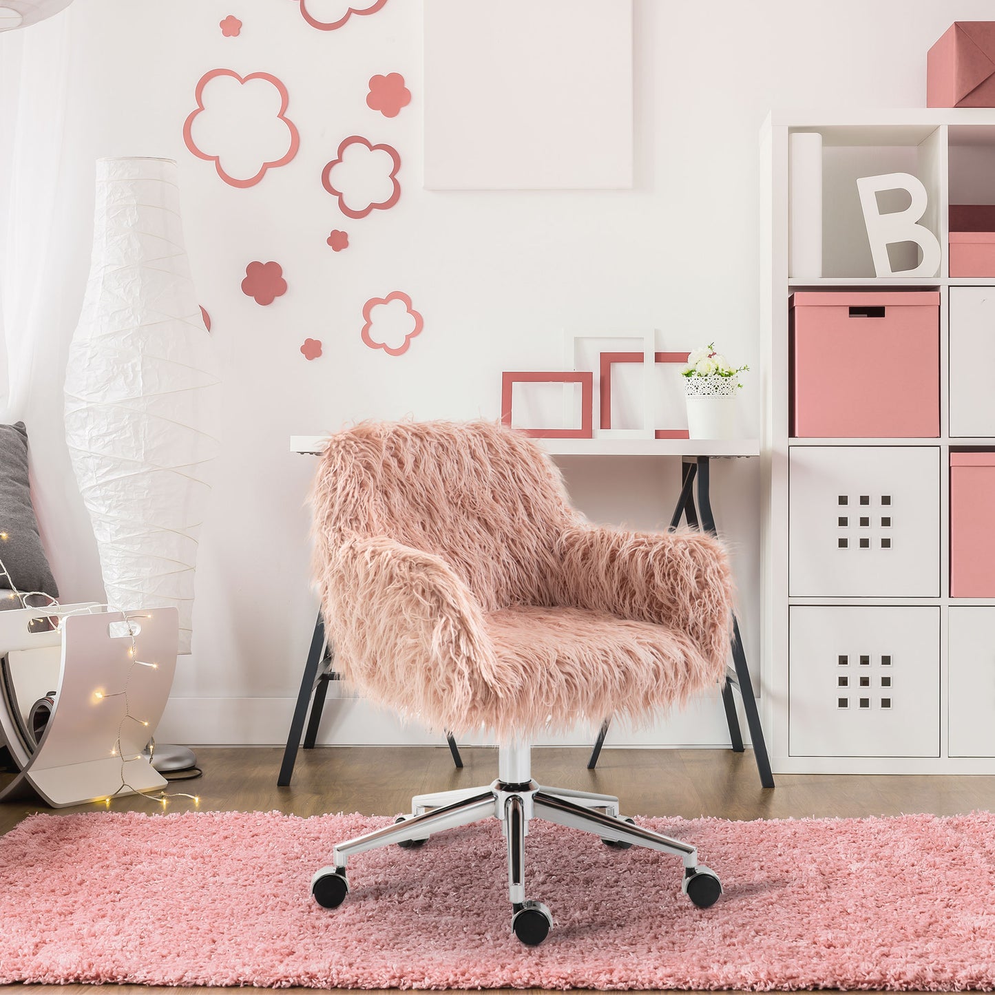 Faux Fur Desk Chair, Rolling Swivel Makeup Chair with Adjustable Height, Armrets for Home Office, Bedroom, Pink