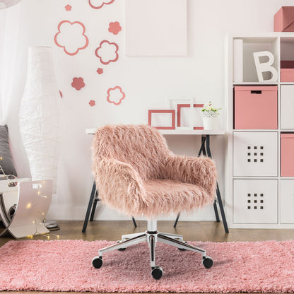 Faux Fur Desk Chair, Rolling Swivel Makeup Chair with Adjustable Height, Armrets for Home Office, Bedroom, Pink