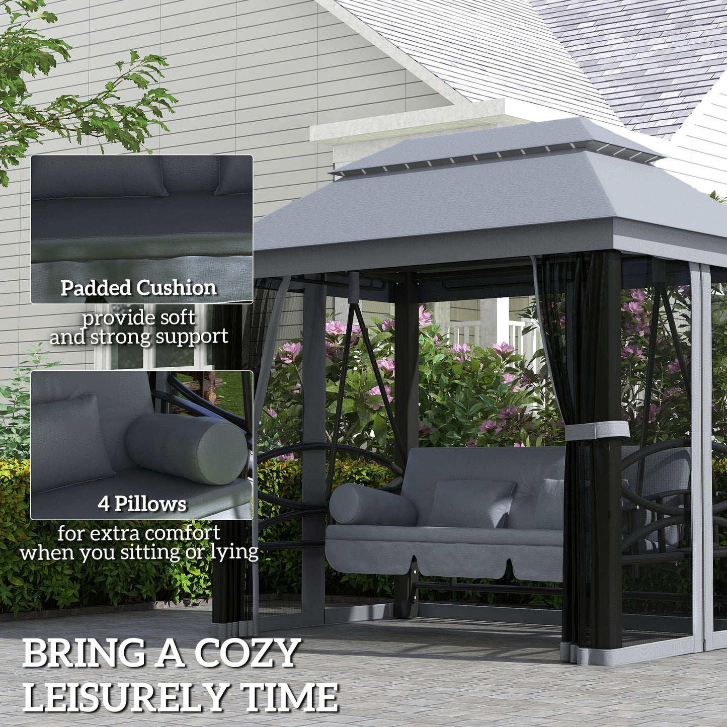 3 Seater Swing Chair Hammock Gazebo Lounger Cushioned Seat Waterproof Grey
