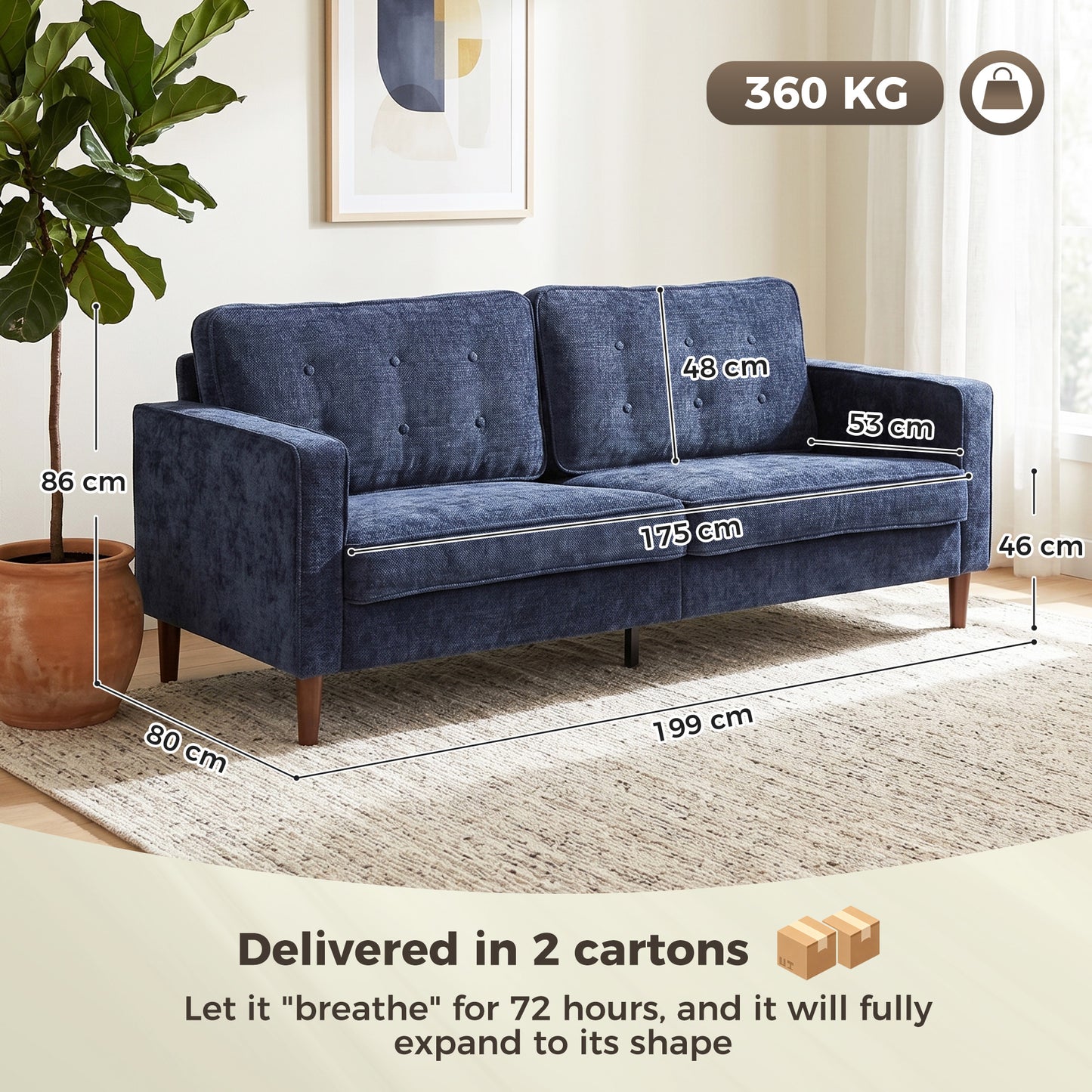 3 Seater Sofa Button Tufted Upholstered Couch with Wood Legs for Living Room, Dark Blue