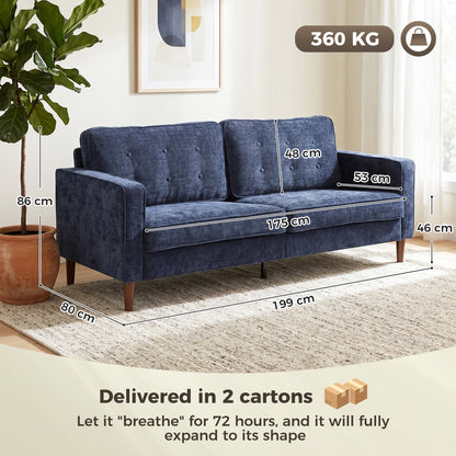 3 Seater Sofa Button Tufted Upholstered Couch with Wood Legs for Living Room, Dark Blue