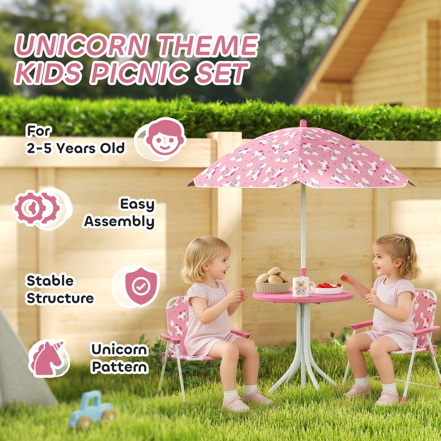 Kids Patio Table and Chair Set, Kids Garden Furniture with Umbrella, 4-Piece Bistro Set for Garden, Pink