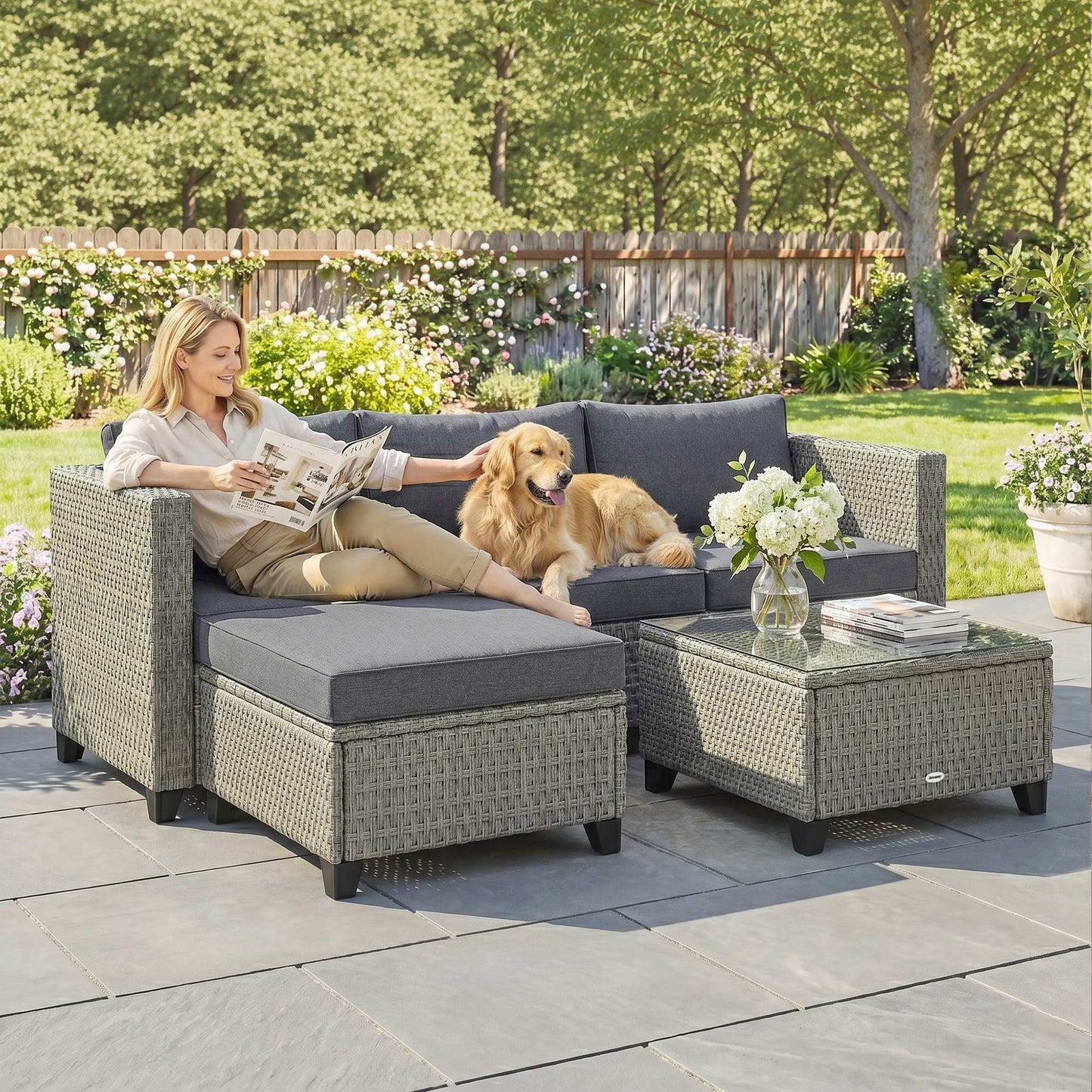 5-Piece Rattan Patio Furniture Set with Corner Sofa, Footstools, Coffee Table, for Poolside, Dark Grey