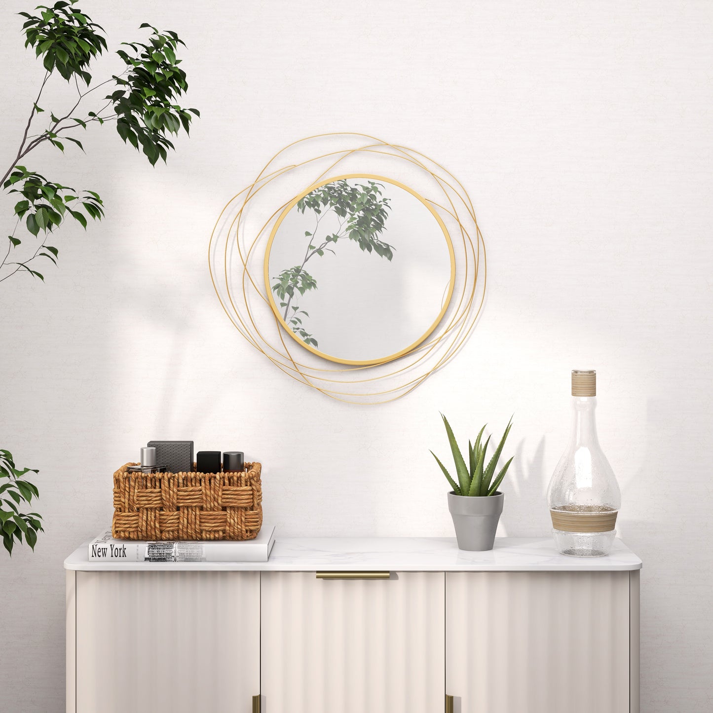 Metal Wall Art 65cm Modern Decorative Mirror Decor for Living Room Bedroom Dining Room, Gold Tone