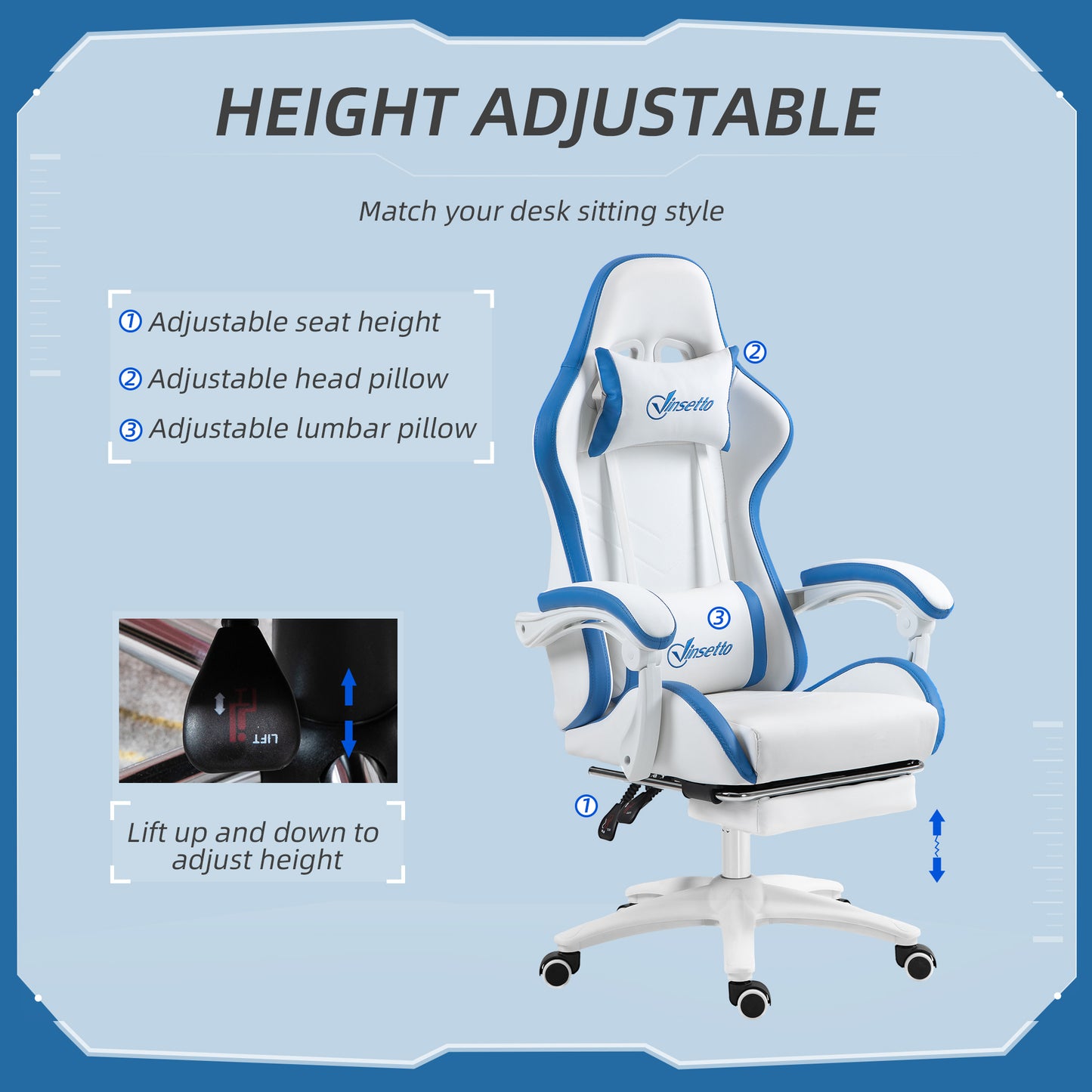Gaming Chair, Computer Gamer Chair with Reclining High Back, Headrest, Lumbar Support, Footrest, Swivel Wheels, PU Leather