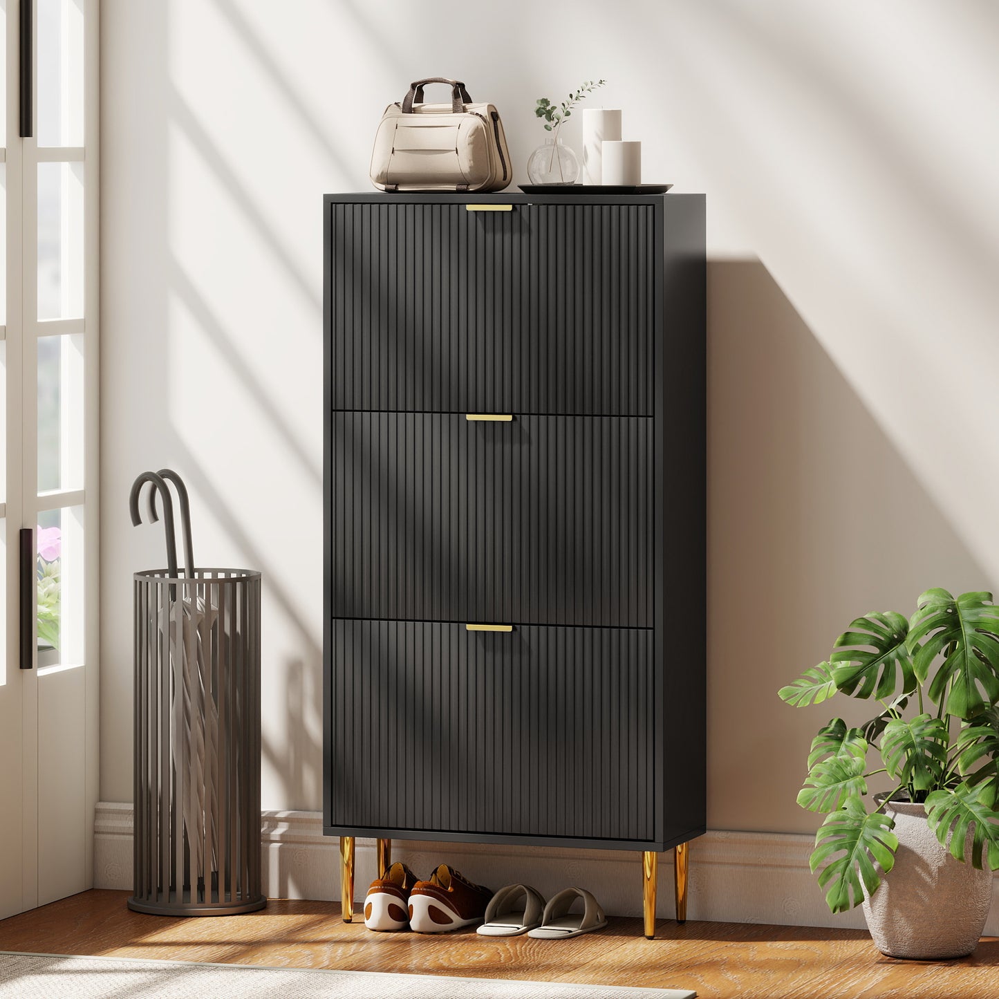 Elegant Three-Drawer Shoe Cabinet - Black
