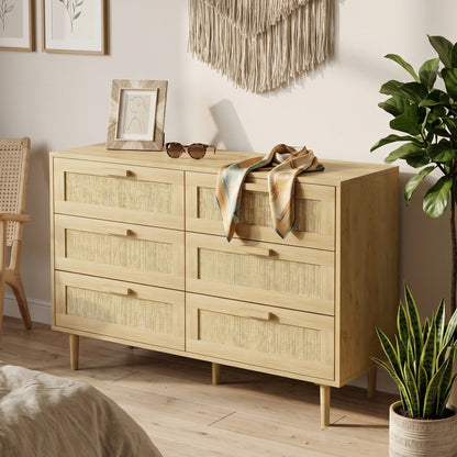 Chest of Drawers, 6-Drawer Dresser, Tall Storage Drawer Unit with Rattan Element for Bedroom, Living Room, Oak