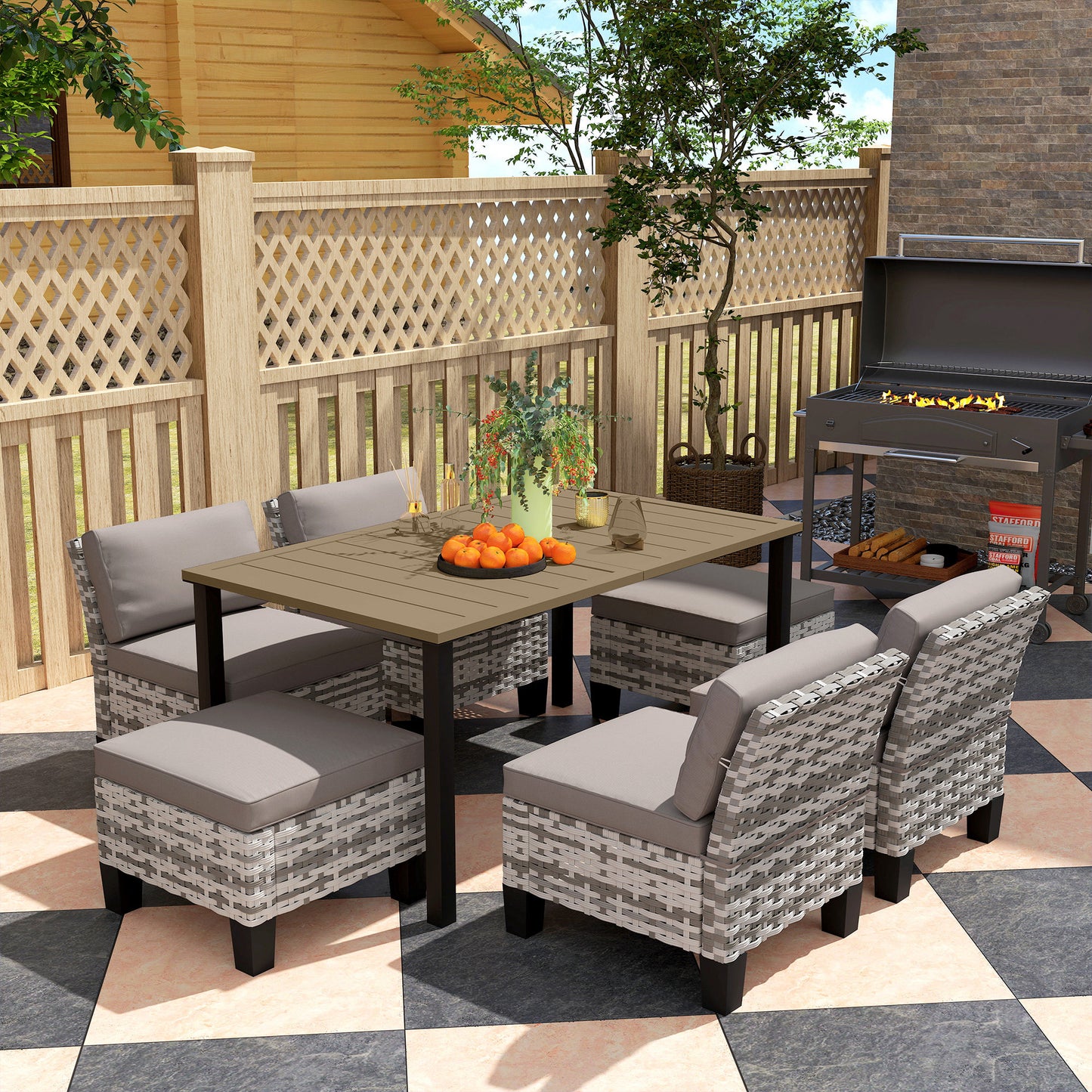 Seven-Piece Rattan Dining Set - Grey