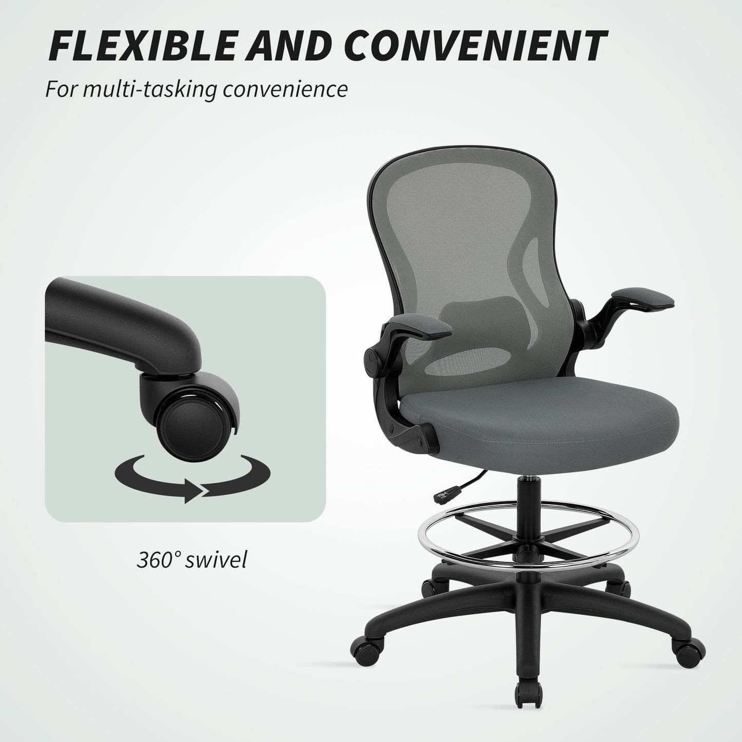 Drafting Chair, Ergonomic Tall Office Chair with Flip-up Armrests, Mesh Back, Lumbar Support
