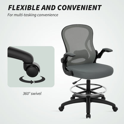 Drafting Chair, Ergonomic Tall Office Chair with Flip-up Armrests, Mesh Back, Lumbar Support