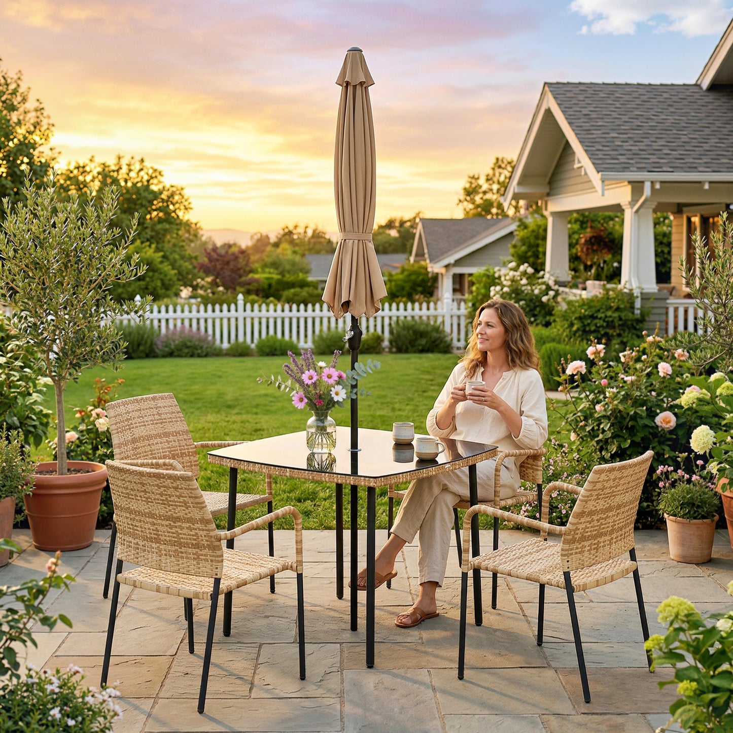 4 Seater Rattan Dining Set with Parasol, 6 Piece Garden Table and Stackable Chairs with Tempered Glass Tabletop