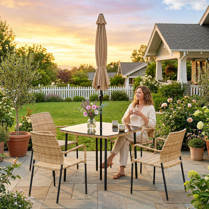 4 Seater Rattan Dining Set with Parasol, 6 Piece Garden Table and Stackable Chairs with Tempered Glass Tabletop