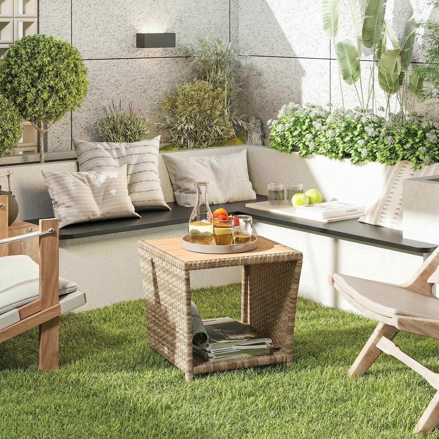 Side Table 2-Tier Outdoor Coffee Table with Storage Shelf PS Wood Slat Top/Khaki