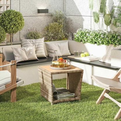 Side Table 2-Tier Outdoor Coffee Table with Storage Shelf PS Wood Slat Top/Khaki