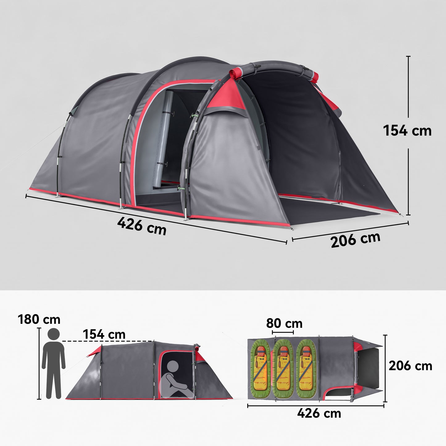 2 Man Tunnel Tent with Sewn-in Groundsheet, Air Vents, Rainfly, 2000mm Large Camping Tent with Bedroom, Porch
