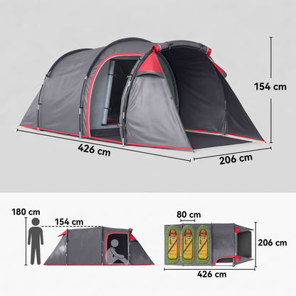 2 Man Tunnel Tent with Sewn-in Groundsheet, Air Vents, Rainfly, 2000mm Large Camping Tent with Bedroom, Porch