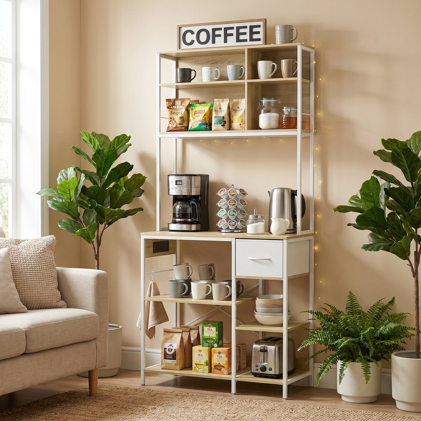 Kitchen Baker's Rack, Microwave Stand with Storage Shelves and 6 Hooks for Small Spaces