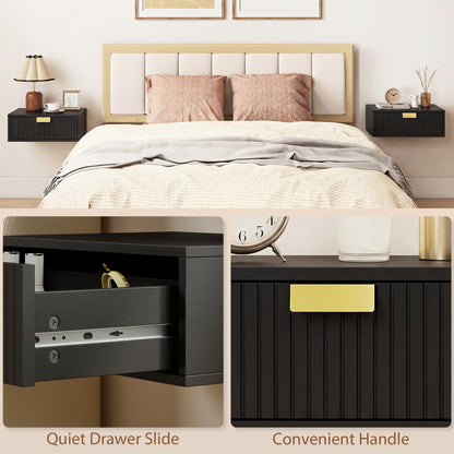 Modern Floating Nightstands Set of 2, Wall Mounted Bedside Tables with Wave Drawer Black