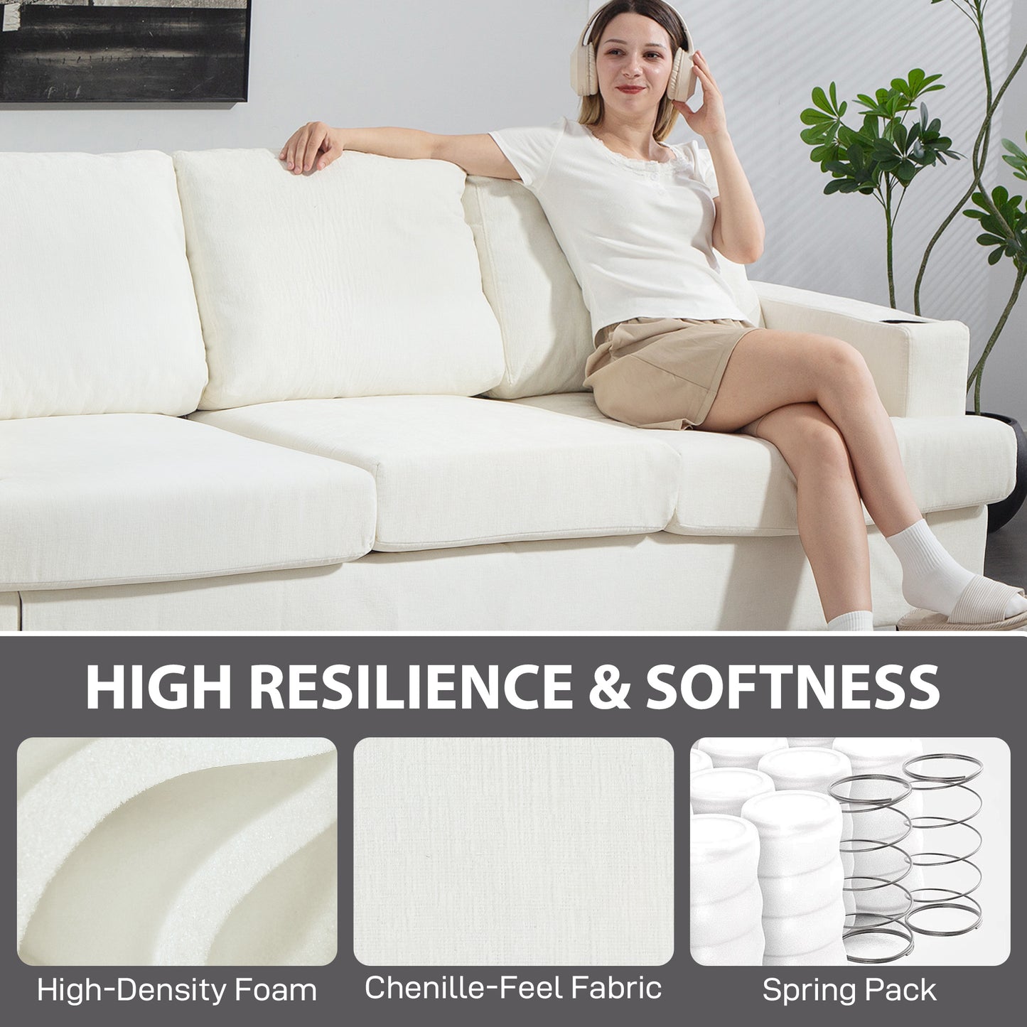 3 Seater Sofa with USB Ports & Cup Holders - Cream White