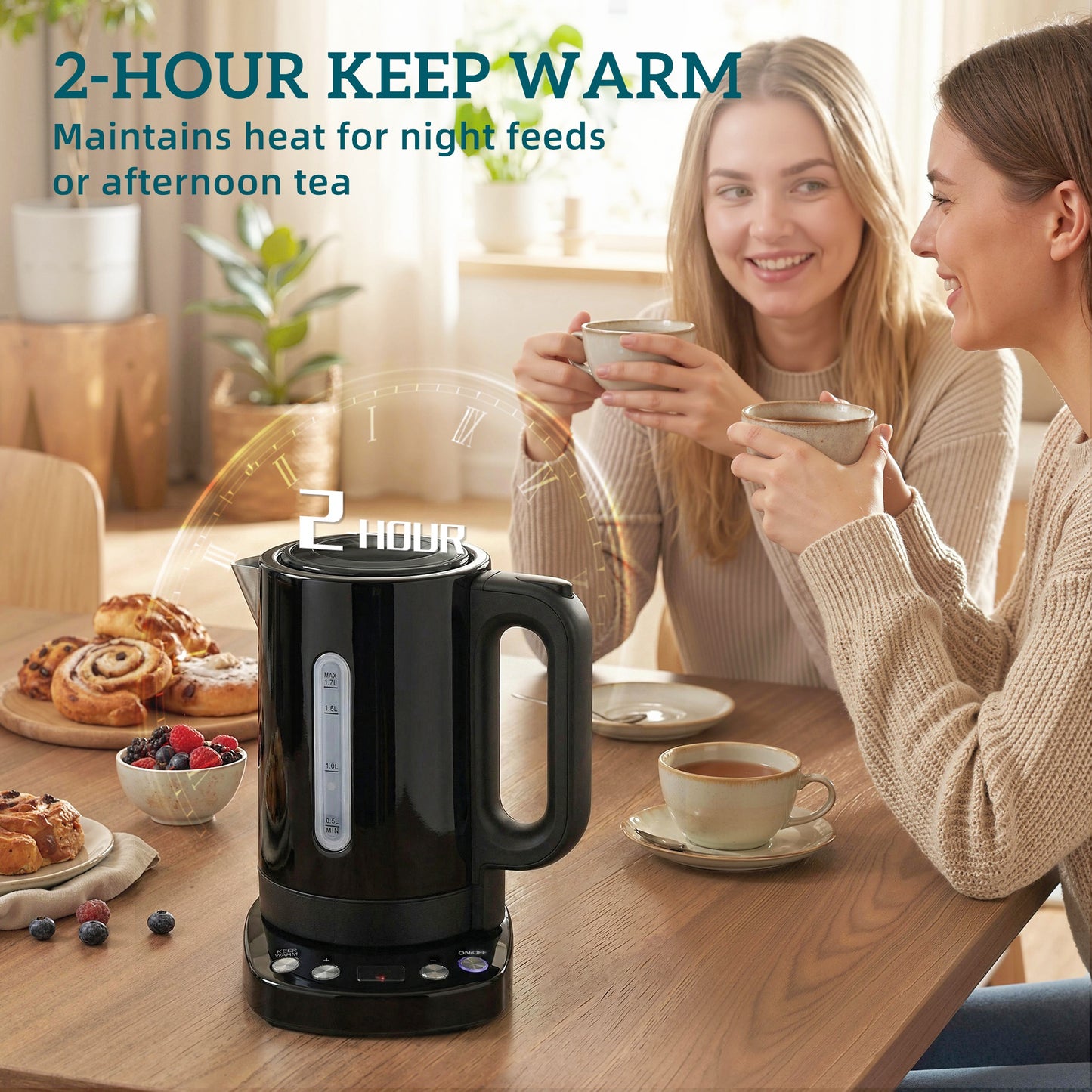 Electric Kettle, 1.7L, Fast Boil, 3kW Water Kettle with UK Strix Thermostat, Keep Warm Function, LCD Base, Black