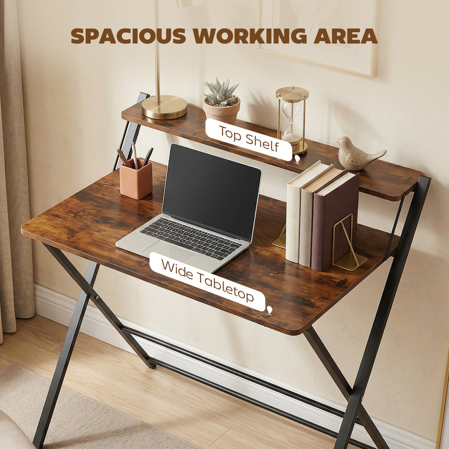 Compact Folding Desk for Small Spaces with Storage Shelf for Home Office, Rustic Brown