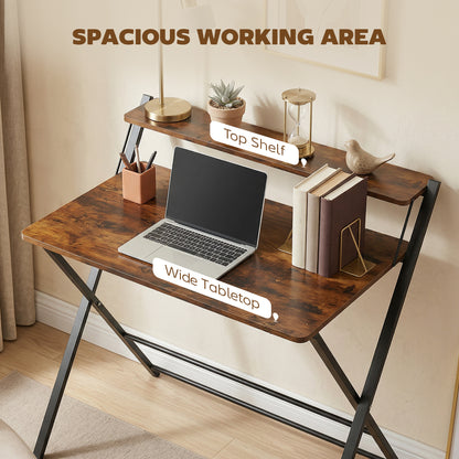 Compact Folding Desk for Small Spaces with Storage Shelf for Home Office, Rustic Brown