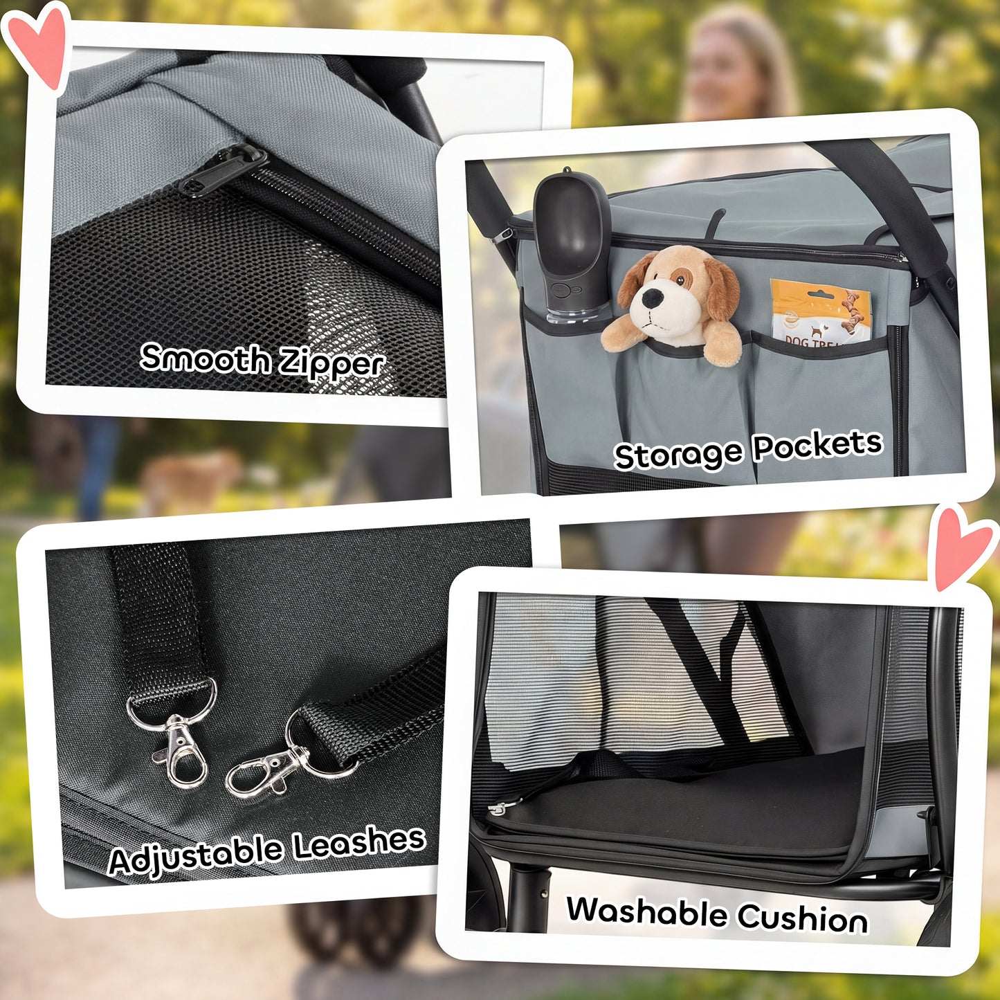 Dog Stroller, 3 Wheels Pet Stroller with Dual Entry, Easy One-Click Quick Fold, Mesh Windows, Washable Cushion
