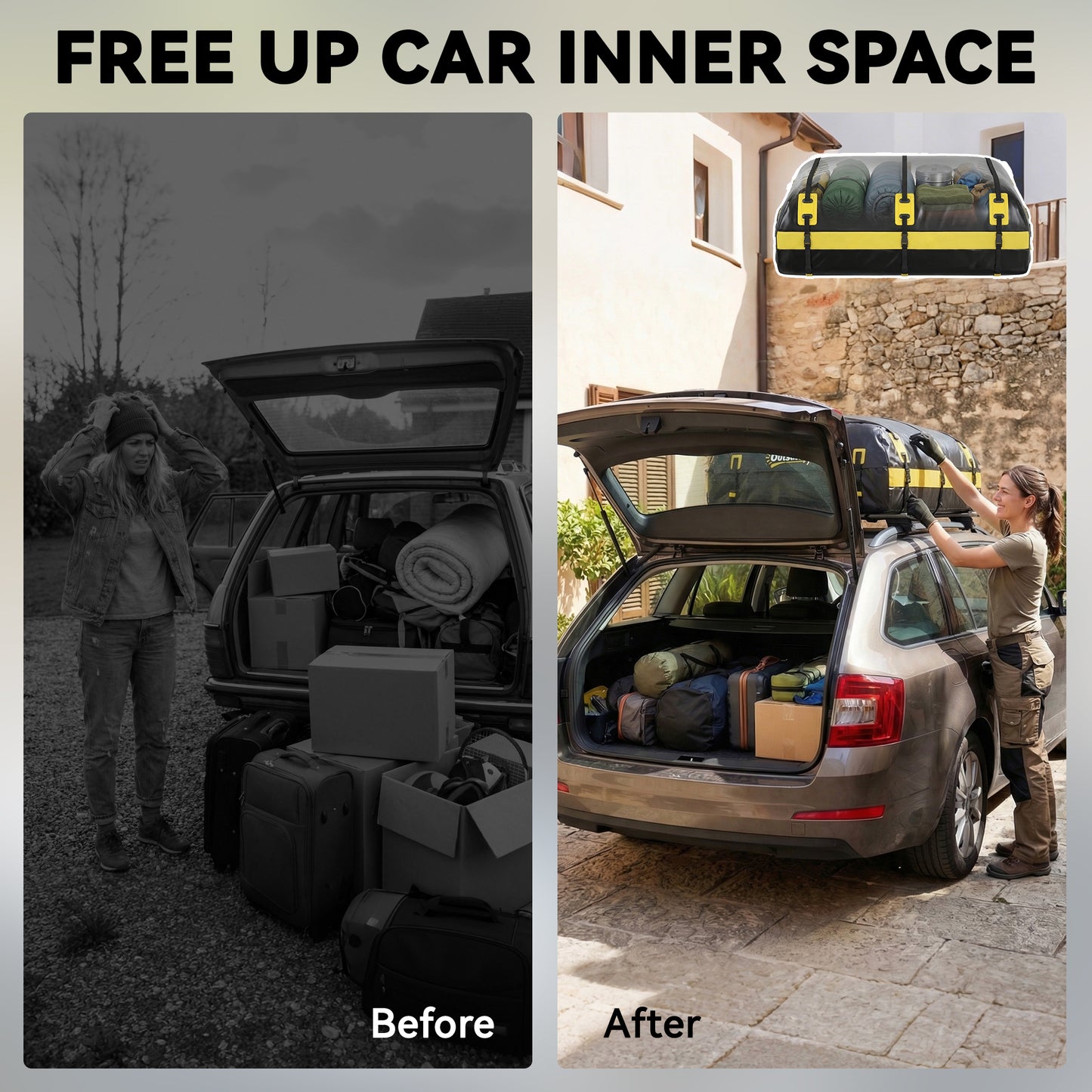 Car Roof Bag, 21 Cubic Feet Waterproof Soft Car Roof Box Roofing Cargo Carrier w/ Reflective Arrows, Door Hooks, Yellow