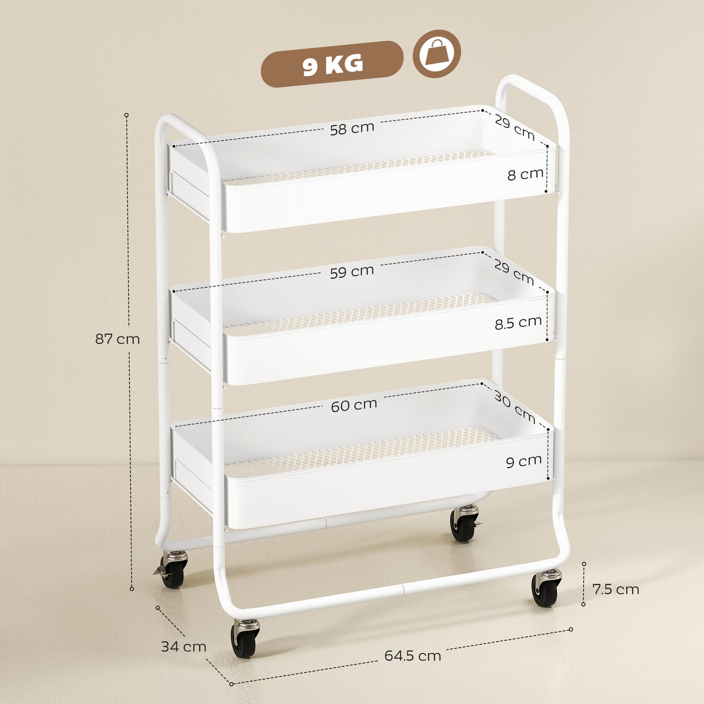 3-Tier Storage Trolley on Wheels, Rolling Utility Cart with Mesh Backets for Kitchen, Bathroom, Bedroom, White