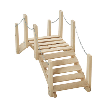 Small Fir Wooden Garden Bridge, Arch Walkway with Metal Chain Railings for Landscape Creek Pond, Natural Wood