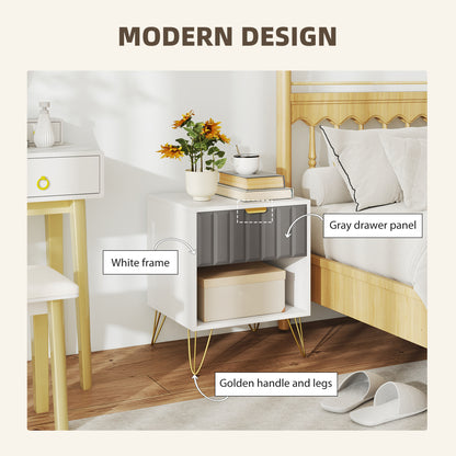 Bedside Table Modern Bedside Cabinet with Drawer and Open Compartment, 45 x 40 x 55, White