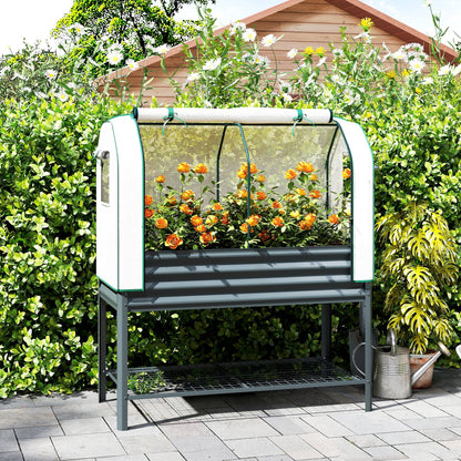 Galvanised Raised Planter with Greenhouse Cover, Metal Raised Garden Bed on Legs with Bed Liner and Bottom Shelf