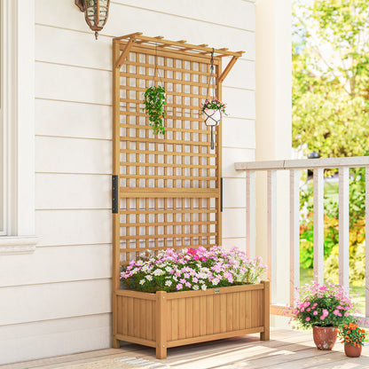 Raised Bed with Drainage Holes, Wood Planter with Trellis for Climbing Plants to Grow Vegetables, Flowers, Yellow