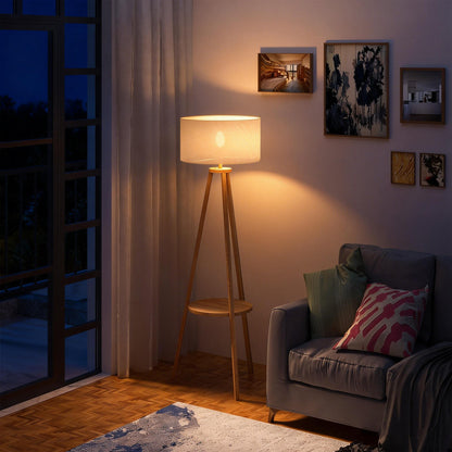 Tripod Floor Lamp, Freestanding Bedside Light Reading Light with Storage Shelf and Linen Shade for Living Room Bedroom