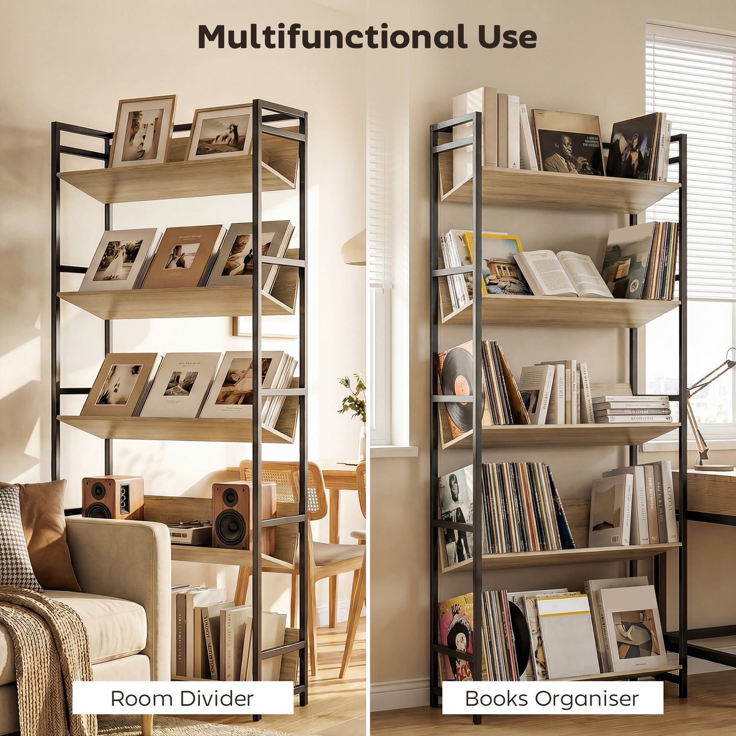 Bookshelf 5-Tier Metal Frame Bookcase Storage Shelves for Living Room Oak