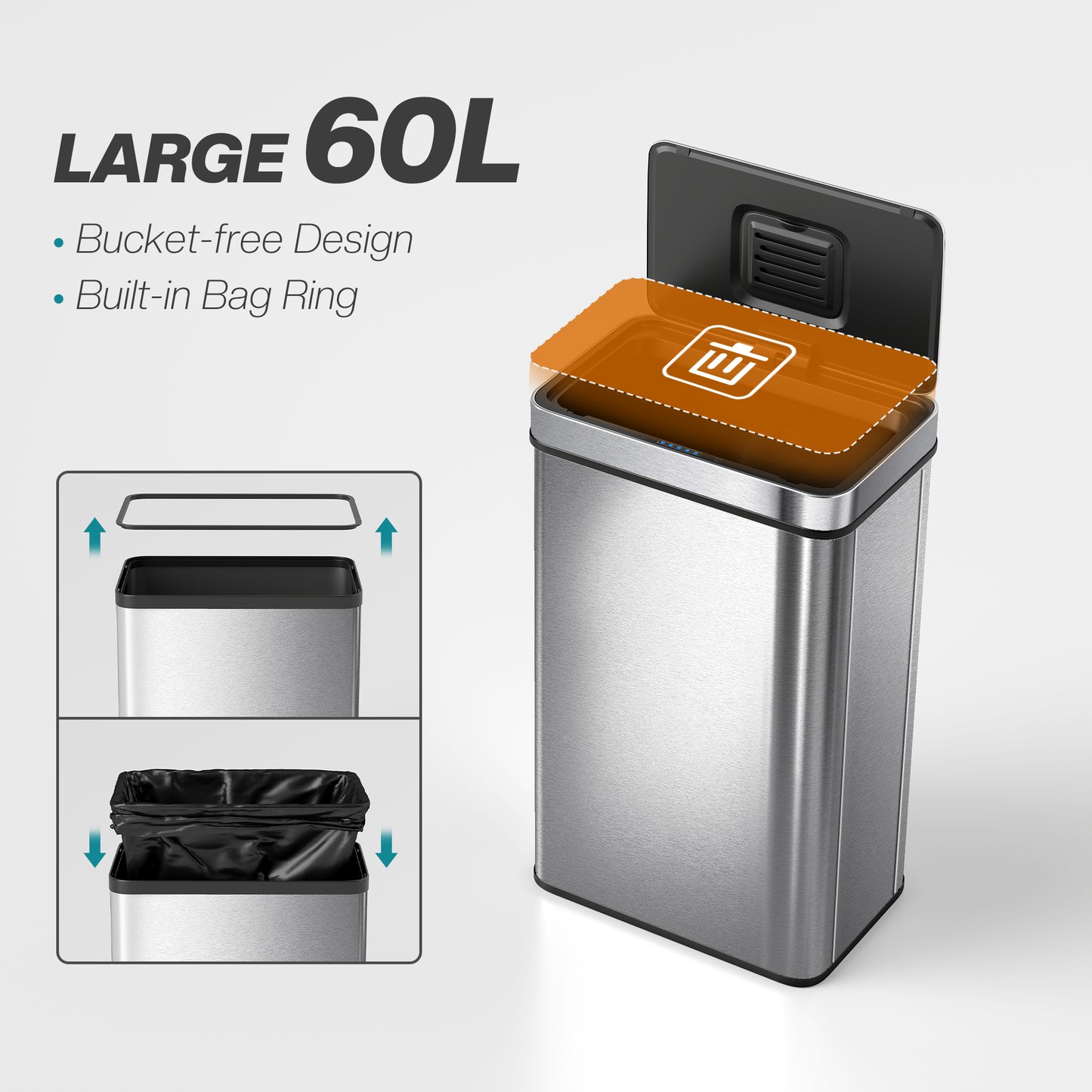 60 L Sensor Can, Sensor Bin with Soft-Close Lid, Fingerprint-Proof Stainless Steel, Silver Tone
