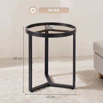 Round Side Table with Tempered Glass Top and Geometric Metal Frame for Small Space, Black