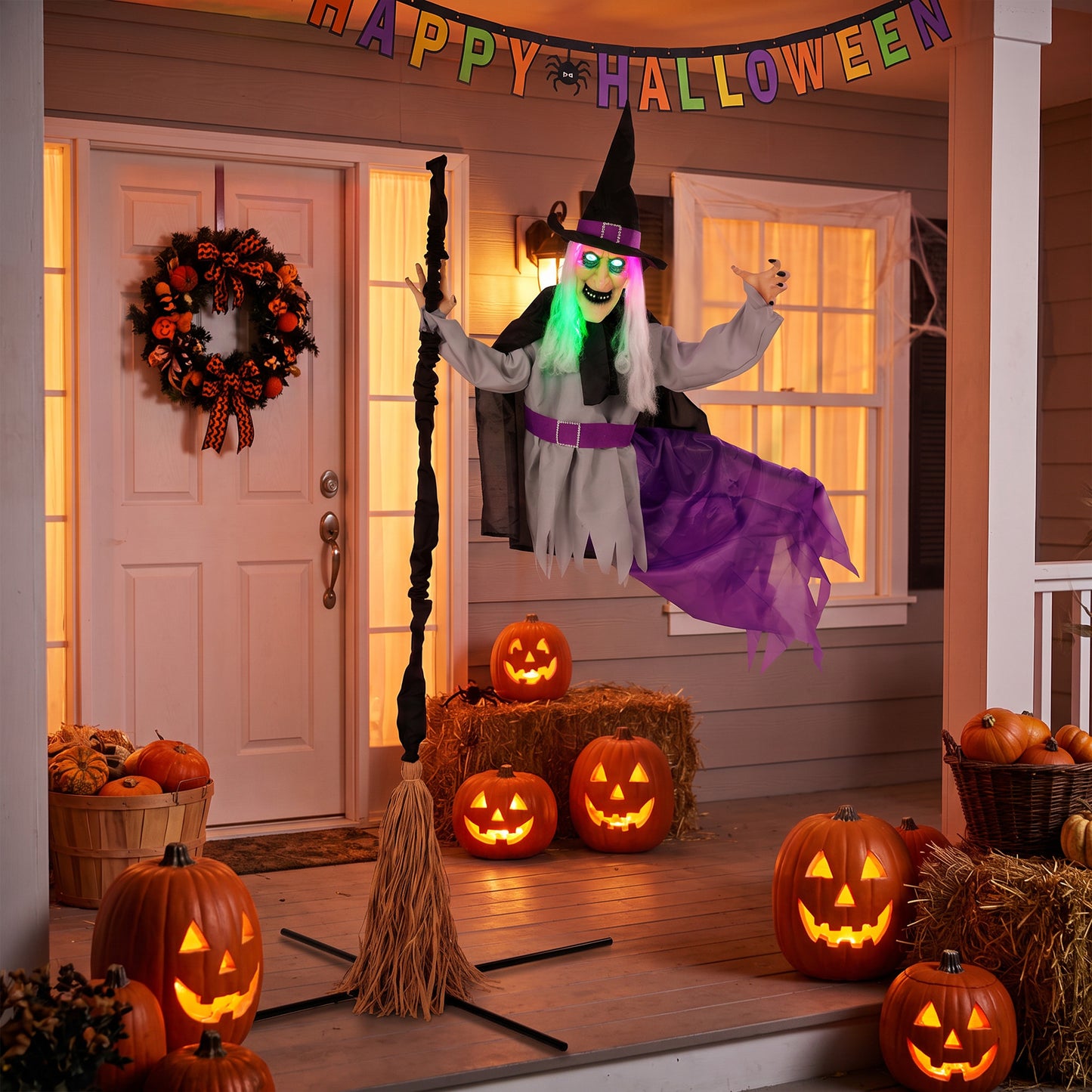 200cm Life Size Animated Flying Witch Halloween Decorations Outdoor Indoor, Scary Halloween Animatronics Decor