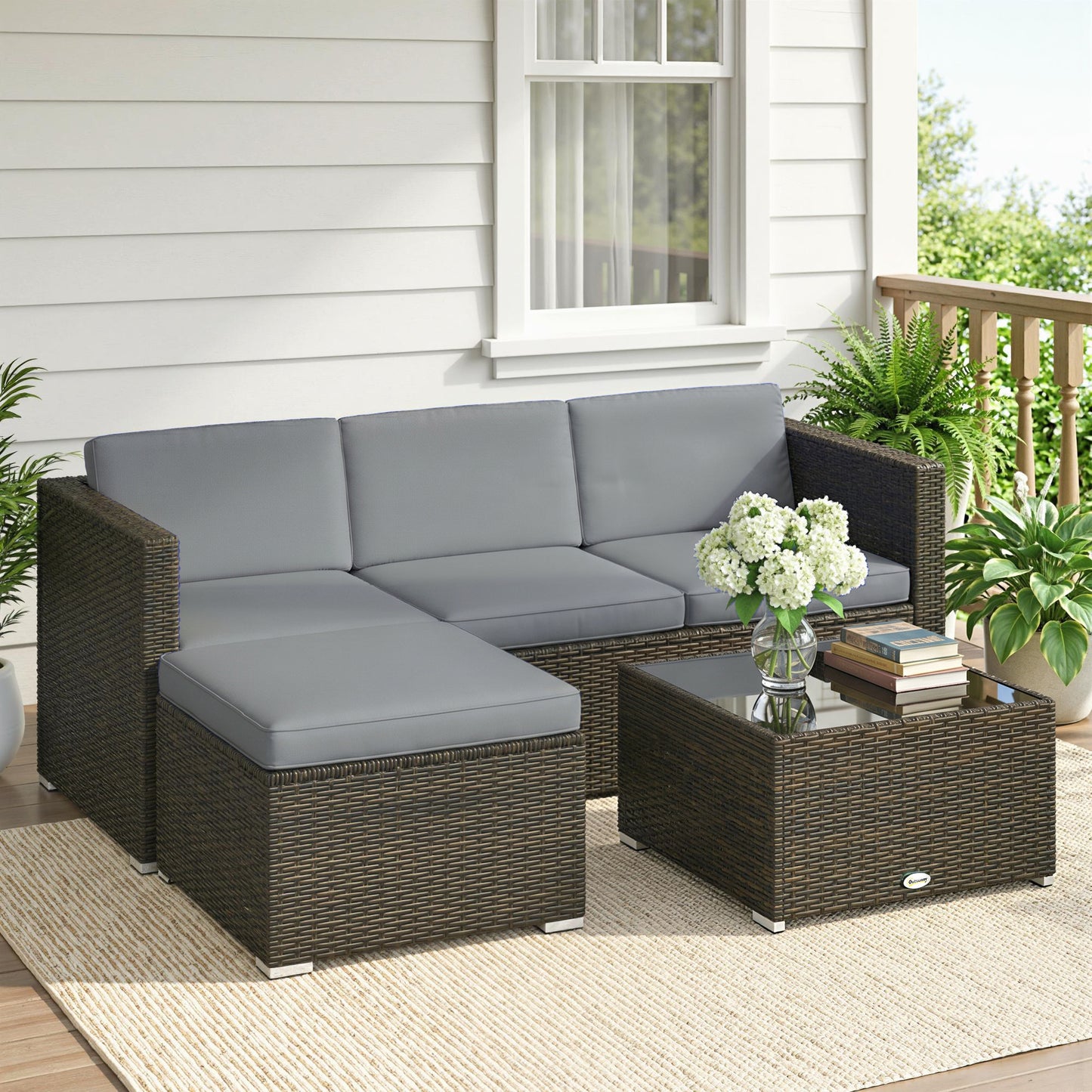 3 Pieces Garden Furniture Set w/ Cushions, PE Rattan Wicker Conversation Corner Sofa Set, Light Grey