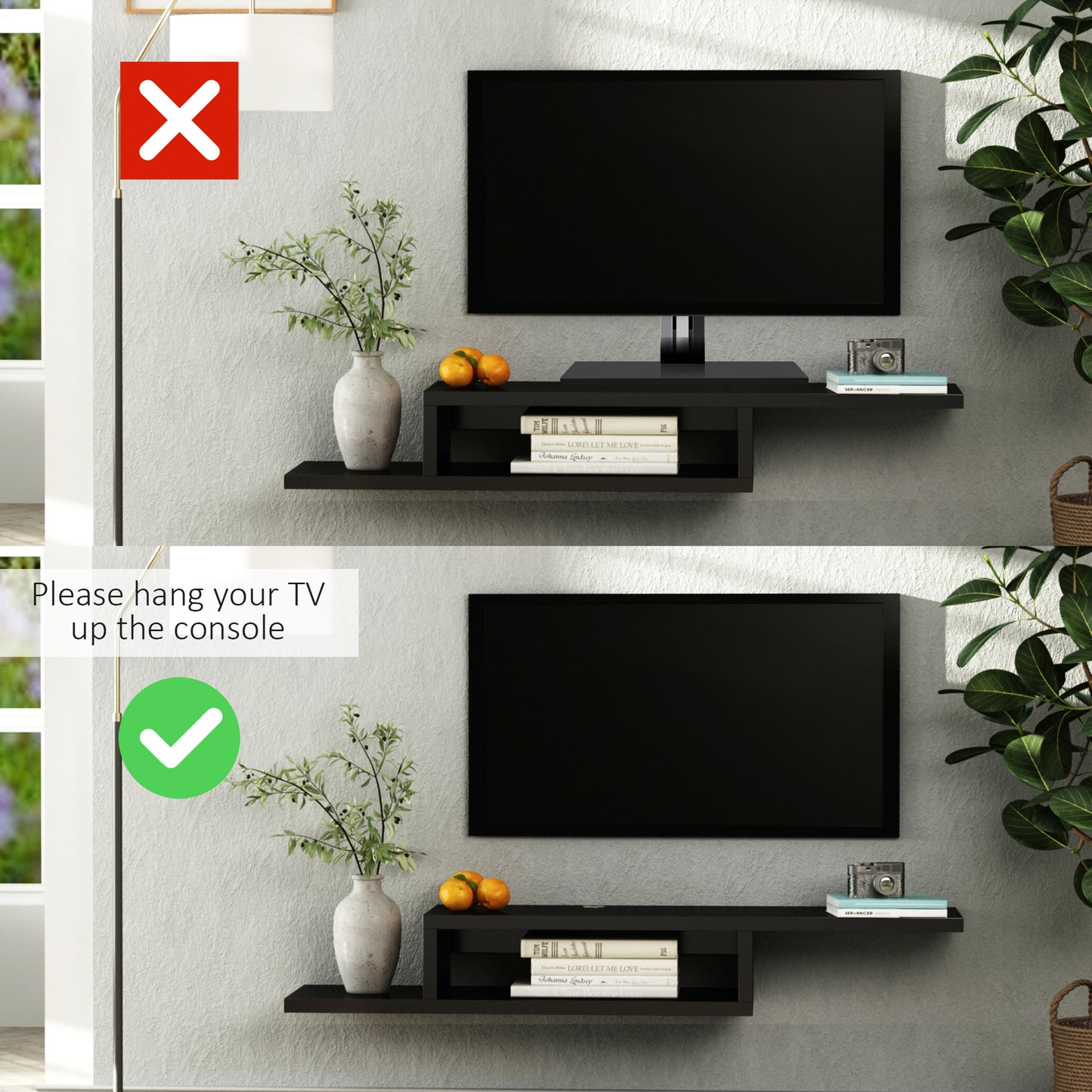 Floating TV Unit, Wall Mounted TV Stand with Open Shelf and 2 Cable Holes, Entertainment Unit for Living Room, Black