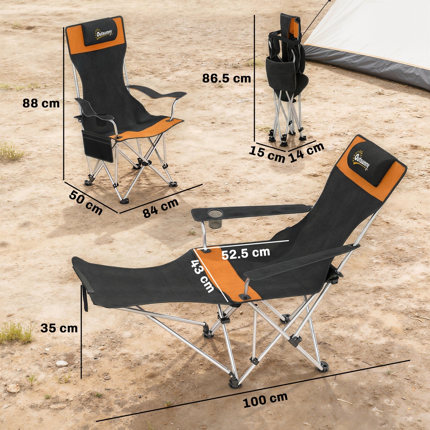 Set of 2 Reclining Folding Camping Chair w/ Detachable Footrest, Storage Bag, Cup Holder & Headrest