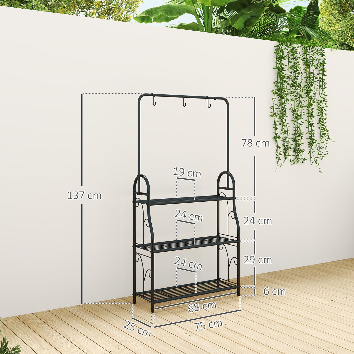 3 Tier Plant Stand with Hanging Rod and Hooks, Metal Plant Rack Shelf