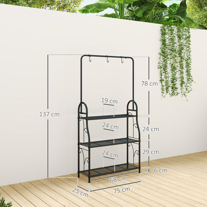 3 Tier Plant Stand with Hanging Rod and Hooks, Metal Plant Rack Shelf