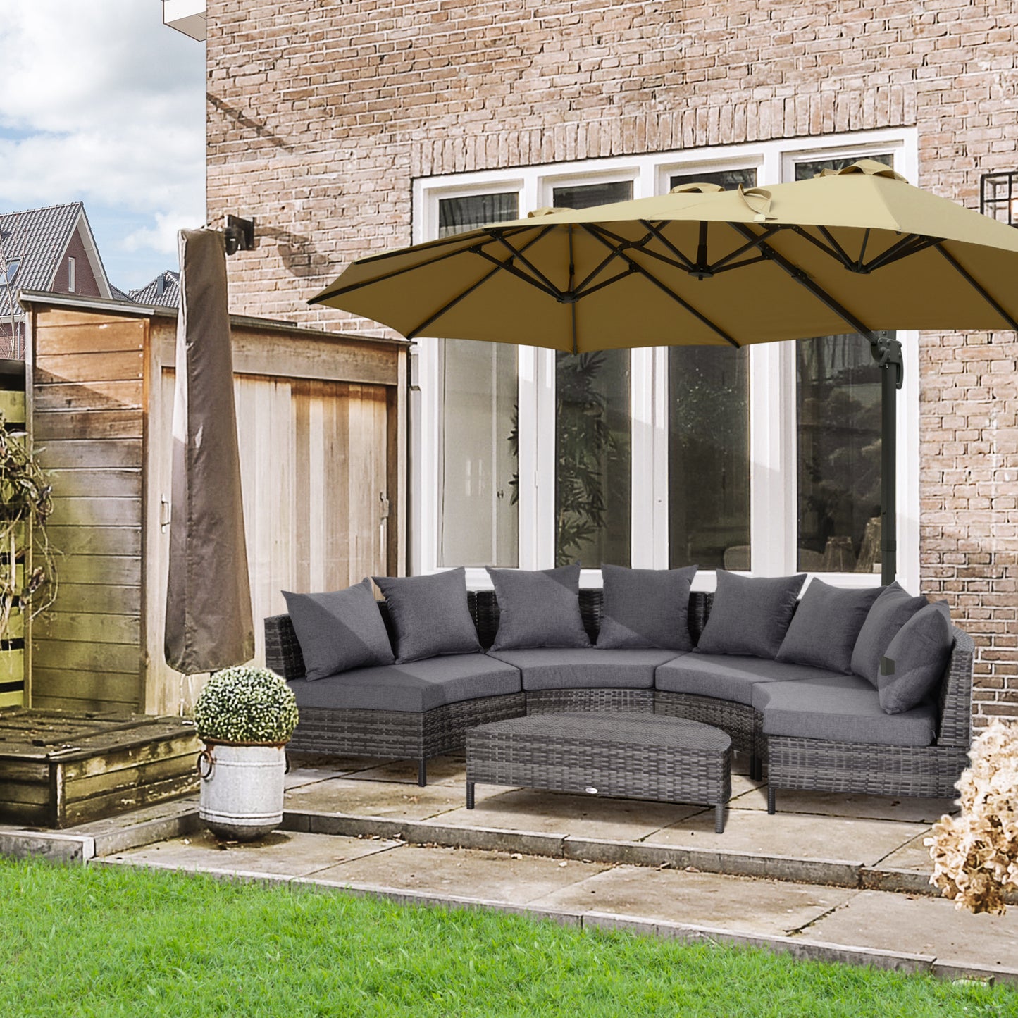 5 Pieces Rattan Garden Furniture Set, 4 Seater Half-Round Garden Sofa Set with Thickened Cushions